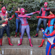 New York Comic Con 2021 cosplayers dressed as different versions of Spider-Man from Into the Spider-Verse all pointing at each other like the classic Spidey meme.
